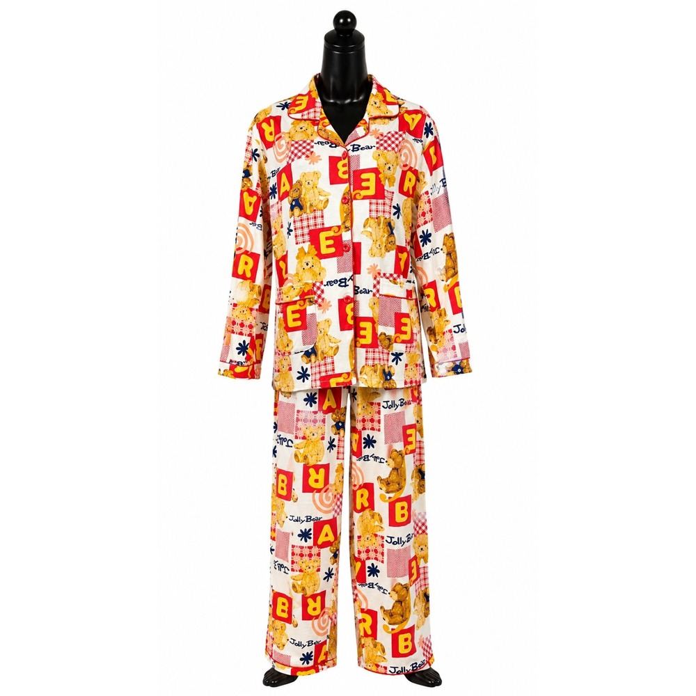 Yi Li Bao Jolly Bear Womens Top Pant Pajama Set Large‎ Flannel Teddy Bear Print